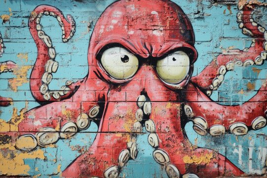 Colorful graffiti on brick wall with octopus face and cartoon.