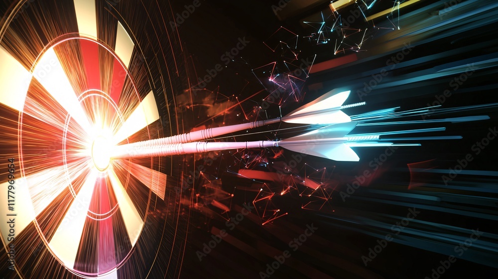 Poster dynamic archery targeting futuristic arrow flight through a colorful digital environment