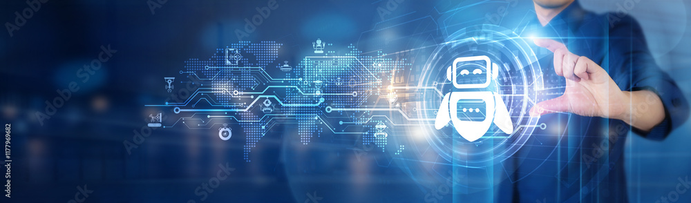 Poster robotics. businessman hold robotics technology network connecting icon to enhance automation, optimi