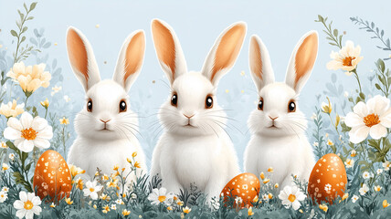 You're us white rabbits painted eggs flowers the concept of religious holidays Easter