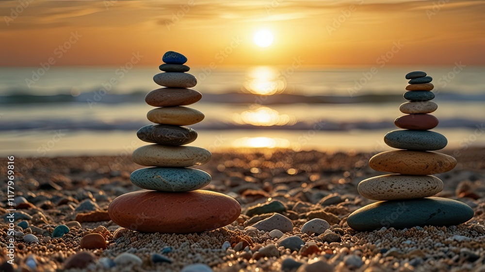 Poster balanced towers of colorful stones rest on a sandy shore while waves lap gently at the beach during 