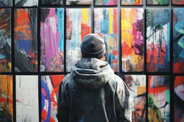 Back view of graffiti painter looking to the wall with his paintings. Street art concept