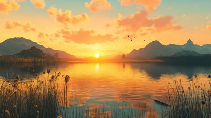 Fototapeta premium Serene sunset over calm lake, mountains reflecting in still water.