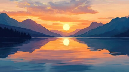 Fototapeta premium Serene sunset over calm lake reflecting sun and mountains.