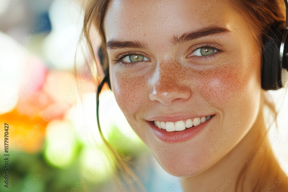 Poster Smiling Customer Service Representative in a Busy Call Center