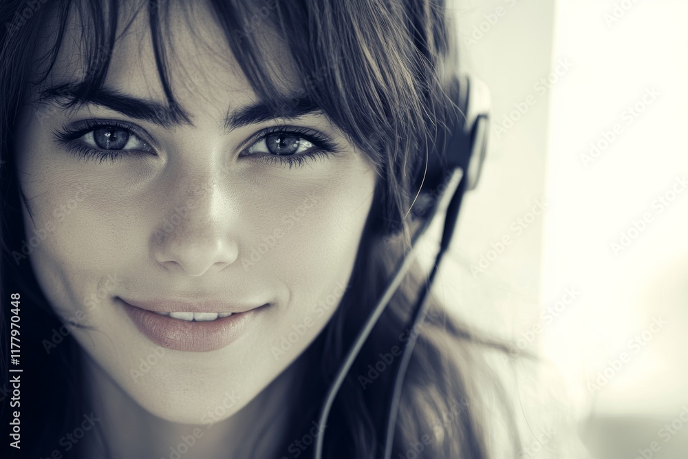 Poster smiling customer service representative in a busy call center