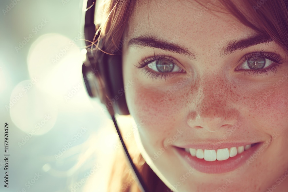 Poster smiling customer service representative in a busy call center