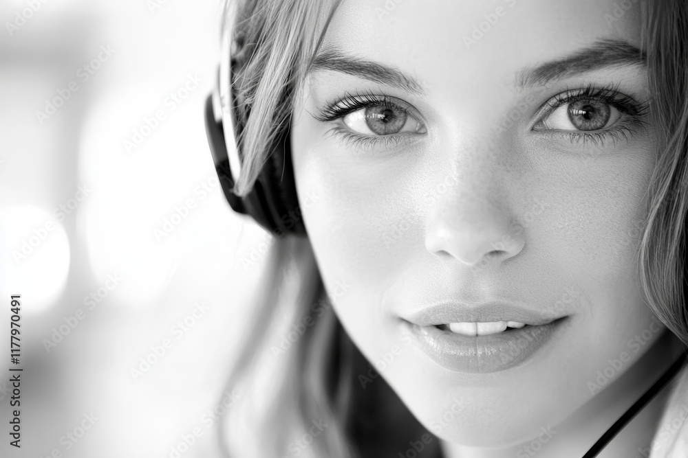 Poster smiling customer service representative in a busy call center