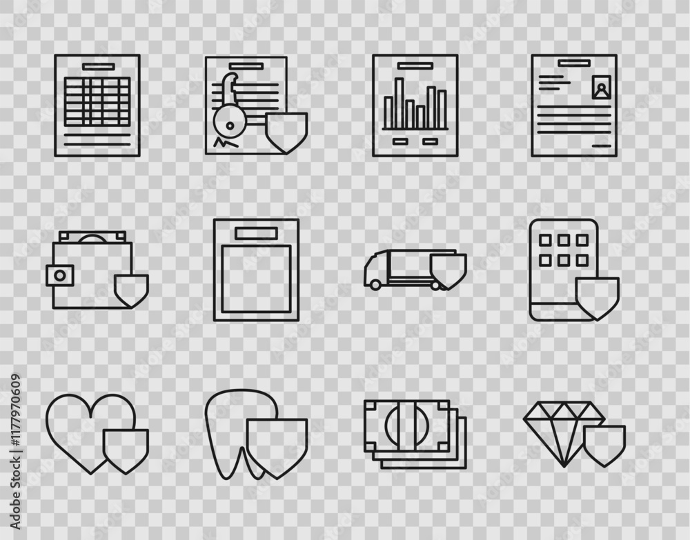 Poster set line heart with shield, diamond, document graph chart, tooth, report file document, empty form, 