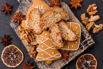 Christmas cantuccini cookies with nuts and candied fruits, gingerbread