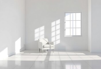 A sunlit white studio room with shadows, providing an empty canvas for design and a clean, minimalist white background