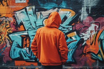 Graffiti artist standing near the wall