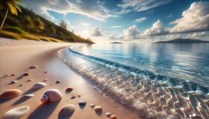 Tranquil sunrise illuminating pristine shoreline, soft waves caressing sandy beach dotted with scattered seashells