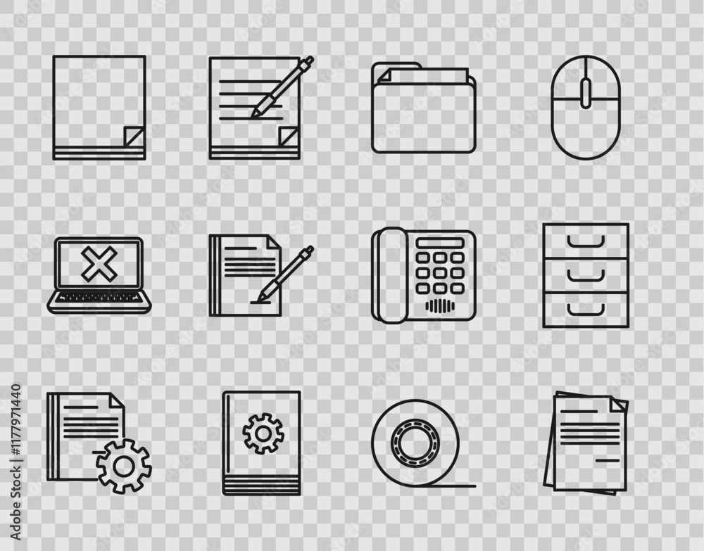Poster set line document settings with gears, file document, folder, user manual, blank notebook and pen, s