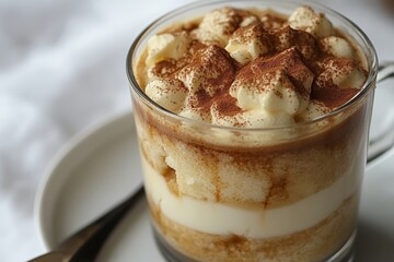 Close-up of Tiramisu Dessert on White Plate, Perfect for Coffee and Dessert Lovers