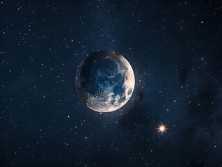 Fototapeta premium A crescent moon and a bright star shining in the dark blue night sky symbolize the beginning of Ramadan