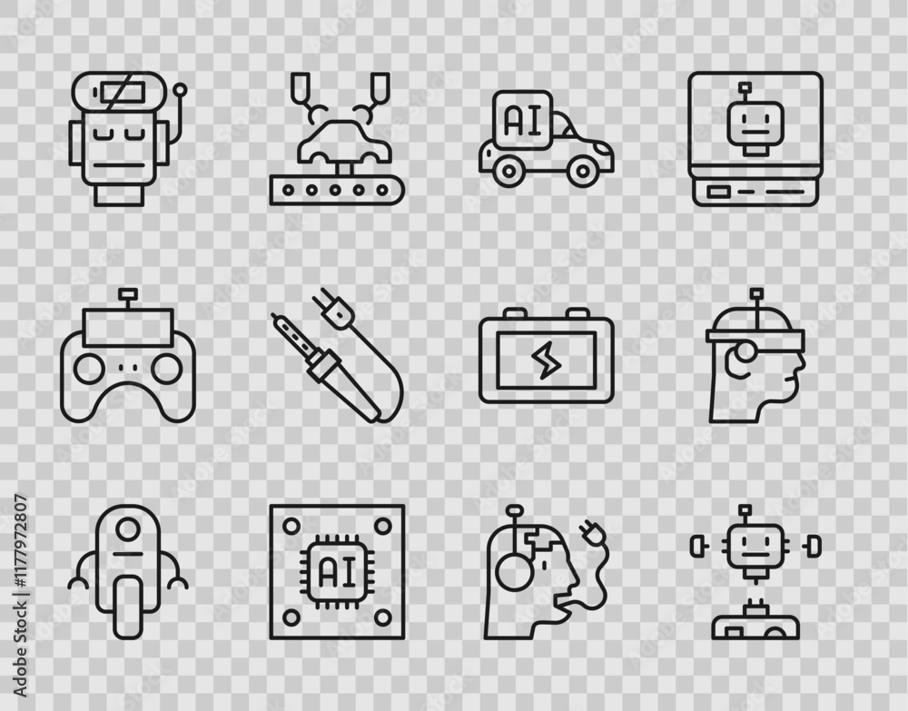 Poster set line robot, disassembled robot, autonomous smart car, processor with microcircuits cpu, low batt