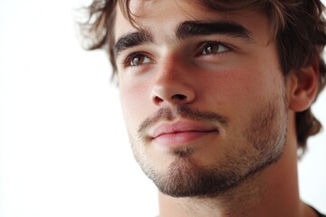 Obraz premium Young Handsome Man with Dreamy and Cheerful Expression, Close-Up Portrait Against Bright White Background