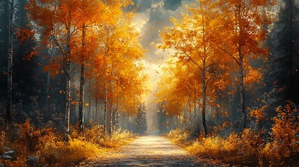 Obraz premium Vibrant Showcasing Autumn Forest Path With Falling Golden Leaves Photo