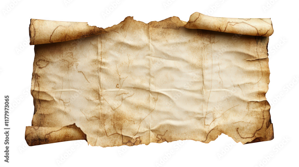 Poster ancient wrinkled empty scroll paper with burnt edges, rolled up and isolated on transparent backgrou