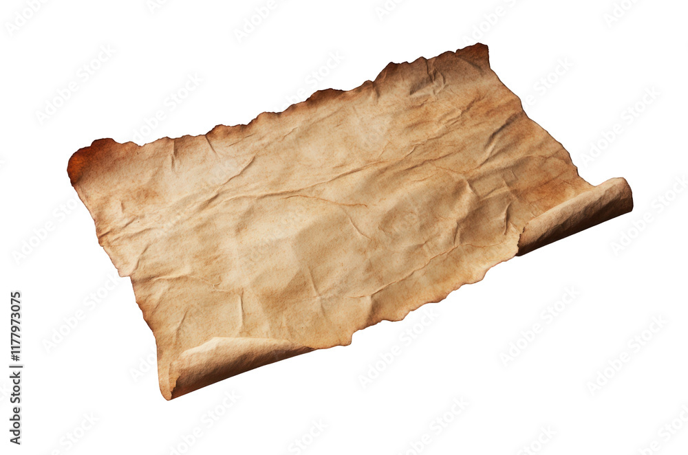 Poster ancient old wrinkled scroll paper with burnt edges, rolled up and isolated on transparent background