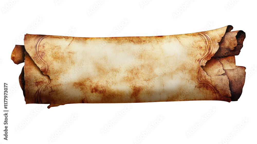Poster ancient blank scroll paper with burned parchment edges and transparent background, ideal for display