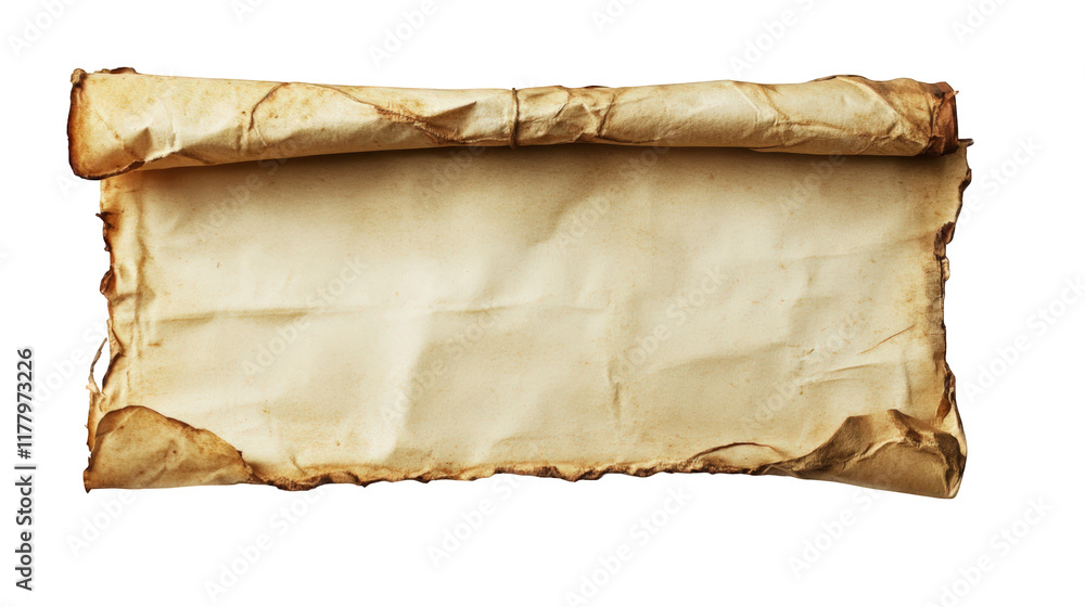 Poster ancient wrinkled empty scroll paper with burnt edges, rolled up and isolated on transparent backgrou