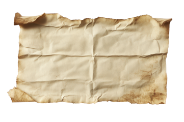 Crumpled antique old vintage paper sheet with burned edges isolated on transparent background, providing texture for designs