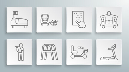 Set line Human broken arm, Disabled car, Walker, Electric wheelchair, Treadmill machine, Braille, Man without legs sitting and Hospital bed icon. Vector