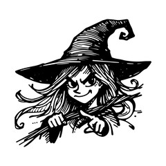 creative line art of a witch with a pointed hat and playful expression