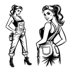 bold and minimalist illustration of a pin-up girl with intricate details