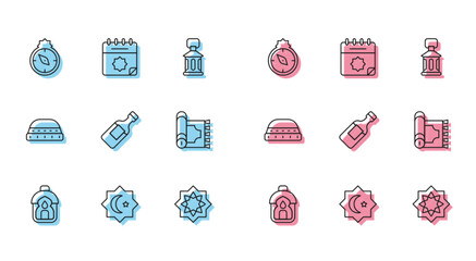 Set line Ramadan Kareem lantern, Octagonal star, Qibla, Bottle of water, Traditional carpet, Muslim hat for prayer and calendar icon. Vector