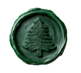 Christmas tree symbol impressed stamp on a green wax seal, isolated on transparent background, perfect for holiday projects