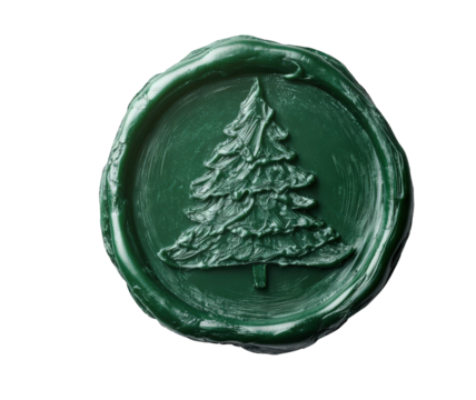 Christmas tree symbol impressed on a green wax seal, isolated on transparent background, perfect for holiday projects