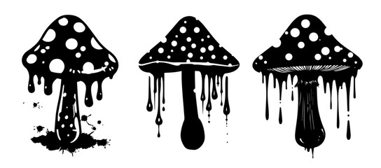 creative monochrome artwork of mushrooms with melting textures black and white vector graphic