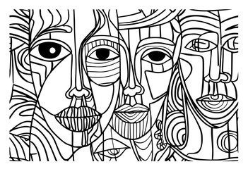 artistic monochrome drawing of surreal faces in a modern abstract style