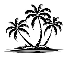black and white illustration of tropical palm trees on a serene island © Luka