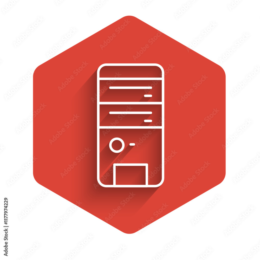 Poster white line computer icon isolated with long shadow. pc component sign. red hexagon button. vector