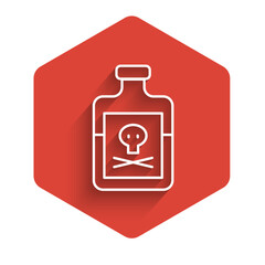 White line Poison in bottle icon isolated with long shadow. Bottle of poison or poisonous chemical toxin. Red hexagon button. Vector