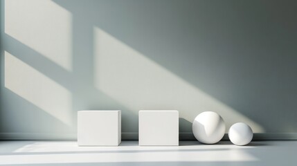 Minimalist scene with white cubes and spheres in sunlight.
