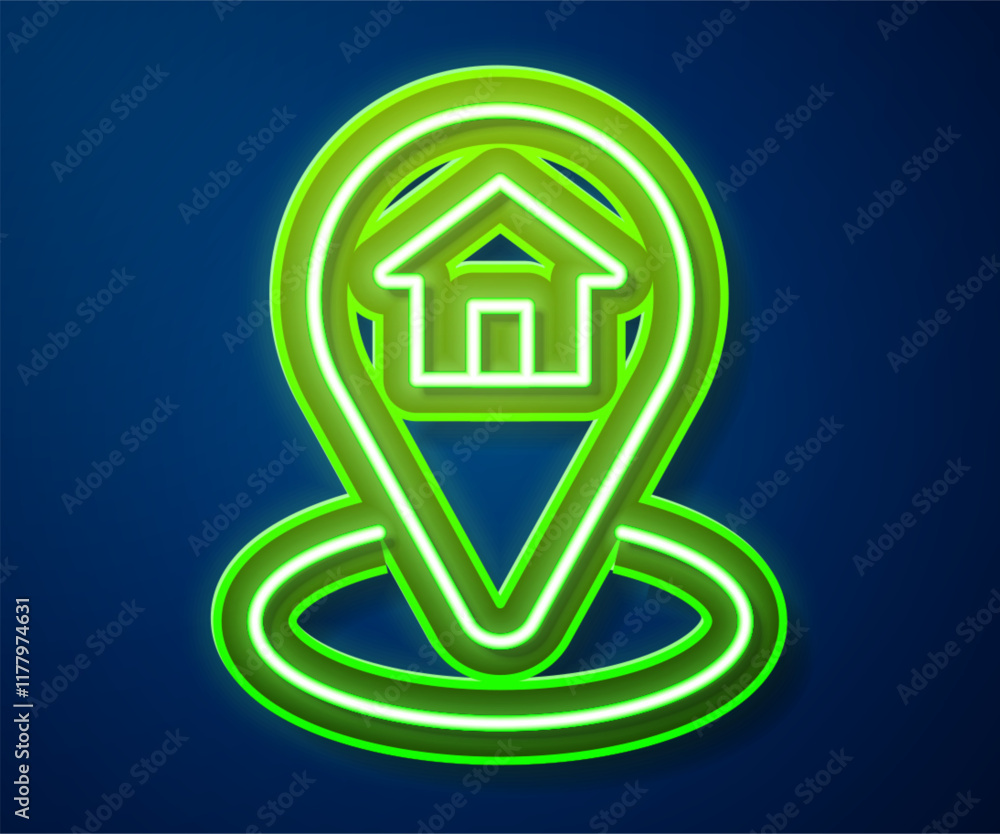 Poster glowing neon line map pointer with house icon isolated on blue background. home location marker symb