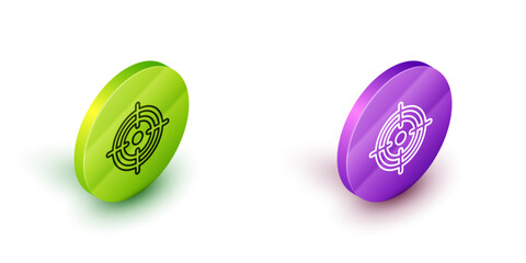 Isometric line Target financial goal concept icon isolated on white background. Symbolic goals achievement, success. Green and purple circle buttons. Vector