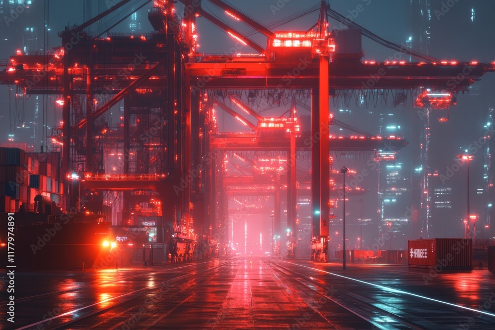 Poster futuristic automated dock with robotic cranes and illuminated walkways for efficient cargo handling