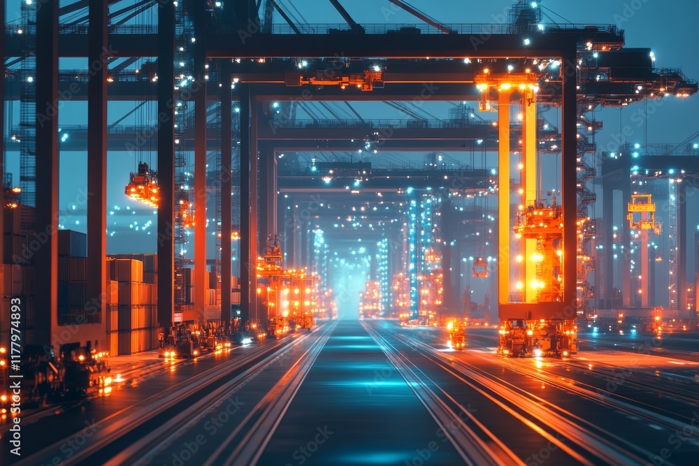 Poster futuristic automated shipping terminal featuring robotic cranes and illuminated walkways