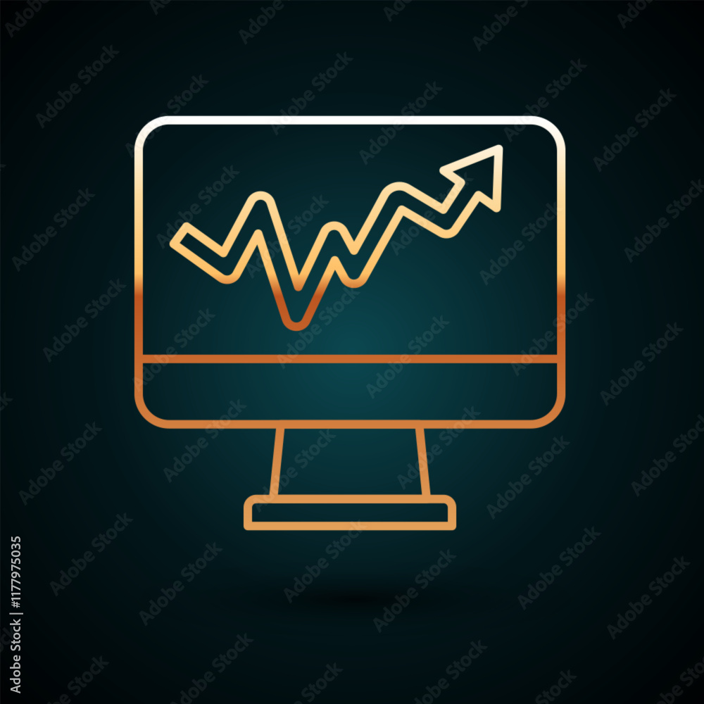 Poster gold line computer monitor with graph chart icon isolated on dark blue background. report text file 