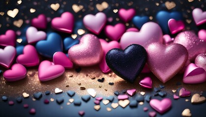 Obraz premium valentine s day background with pink and black hearts adorned with gold accents glittery and sparkly in shades of pink white light blue and black heart shaped stones and sparkles create a visual1.jpg