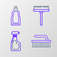 Set line Brush for cleaning, Cleaning spray bottle with detergent liquid, Squeegee, scraper, wiper and Plastic bottles dishwashing icon. Vector