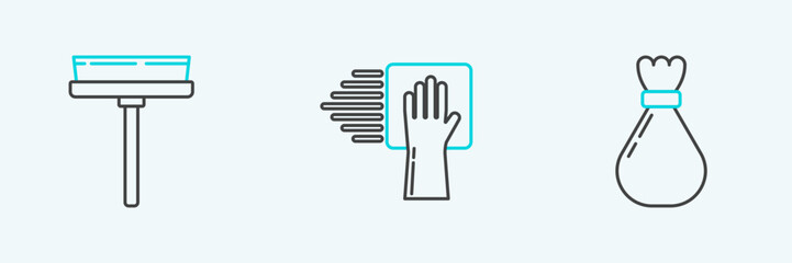 Set line Garbage bag, Squeegee, scraper, wiper and Cleaning service icon. Vector