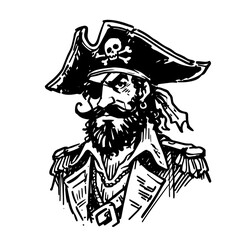 bold black and white vector of a pirate with skull hat and sword illustration