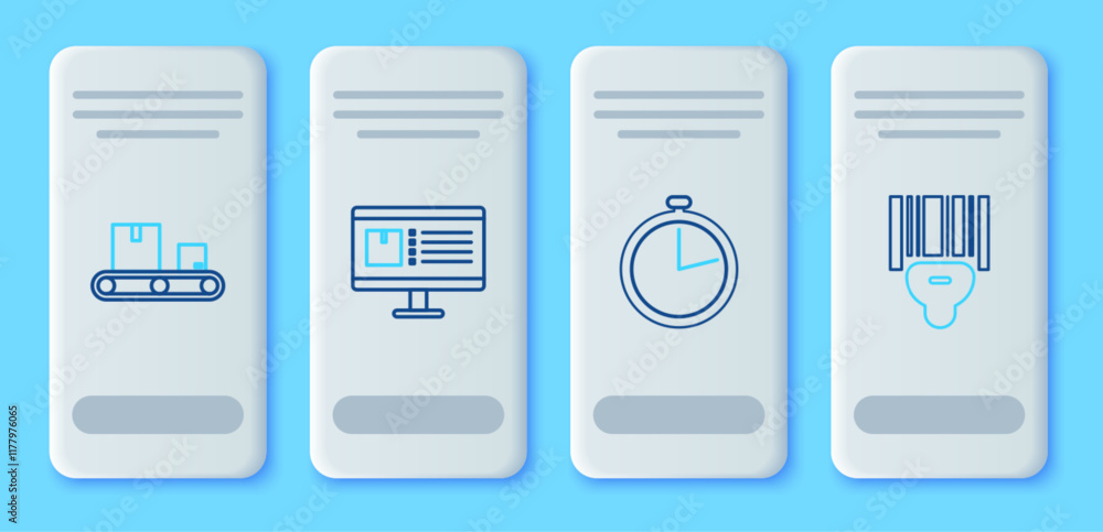 Poster set line computer monitor with app delivery tracking, stopwatch, conveyor belt cardboard box and sca